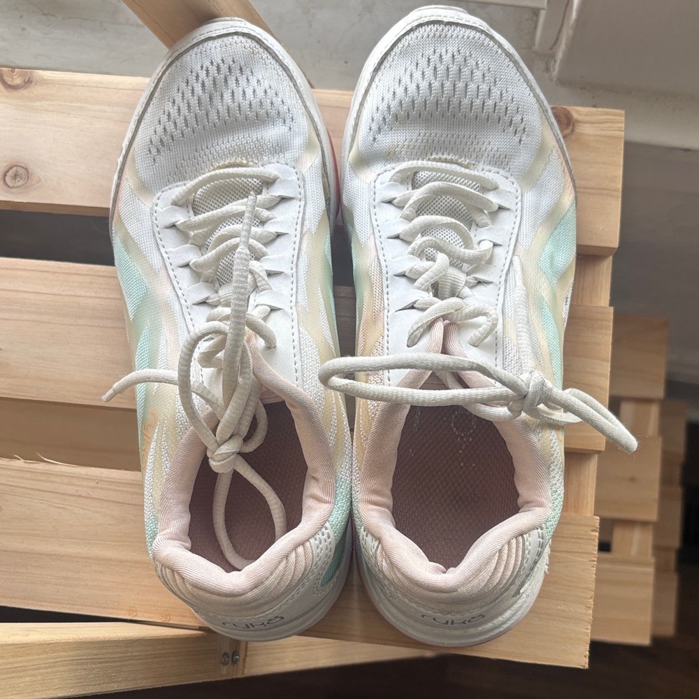 Ryka Women’s White Knit Athletic Sneakers with Pastel Accents
